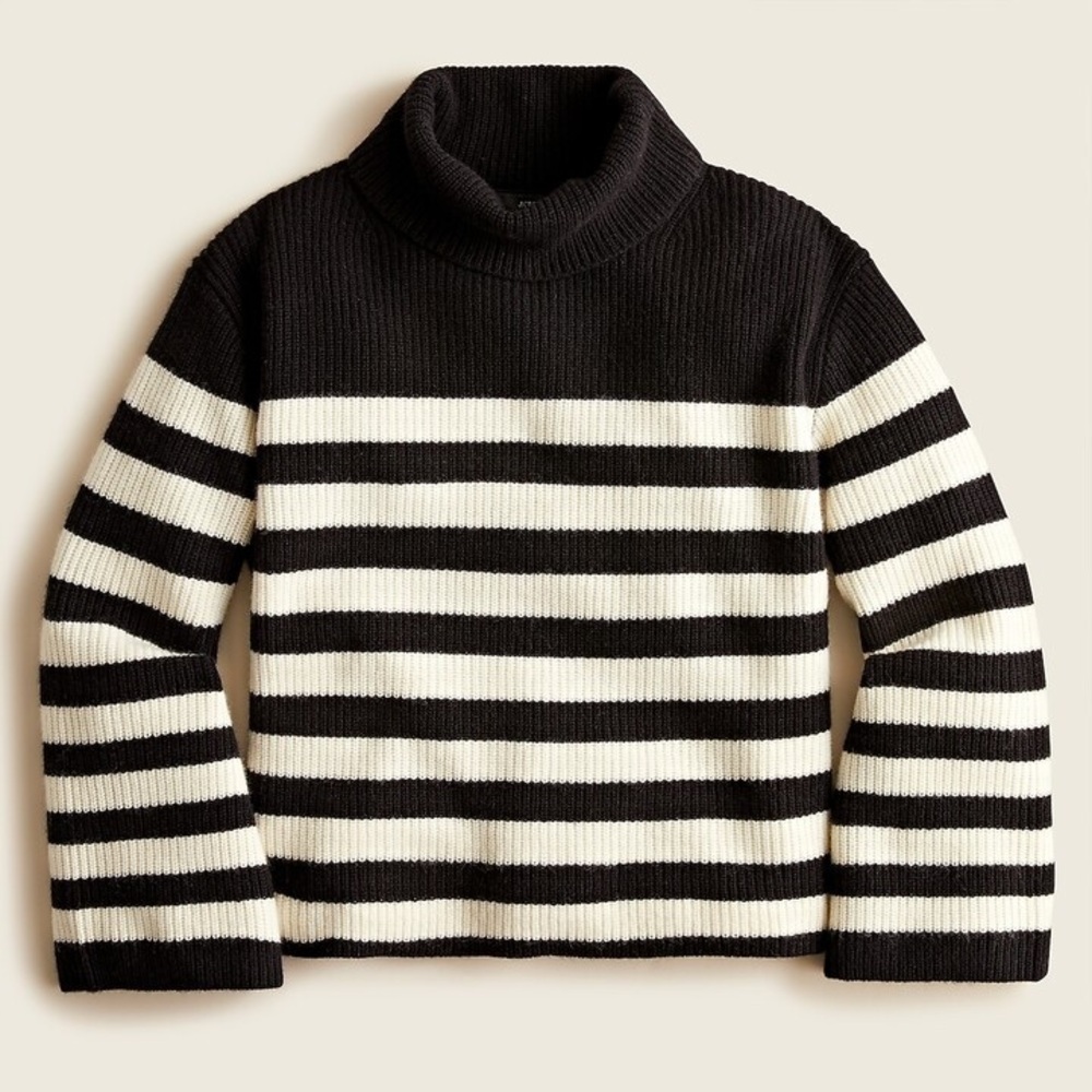 J Crew Wool Cashmere Relaxed Turtleneck Black White Stripe Women's Size XS